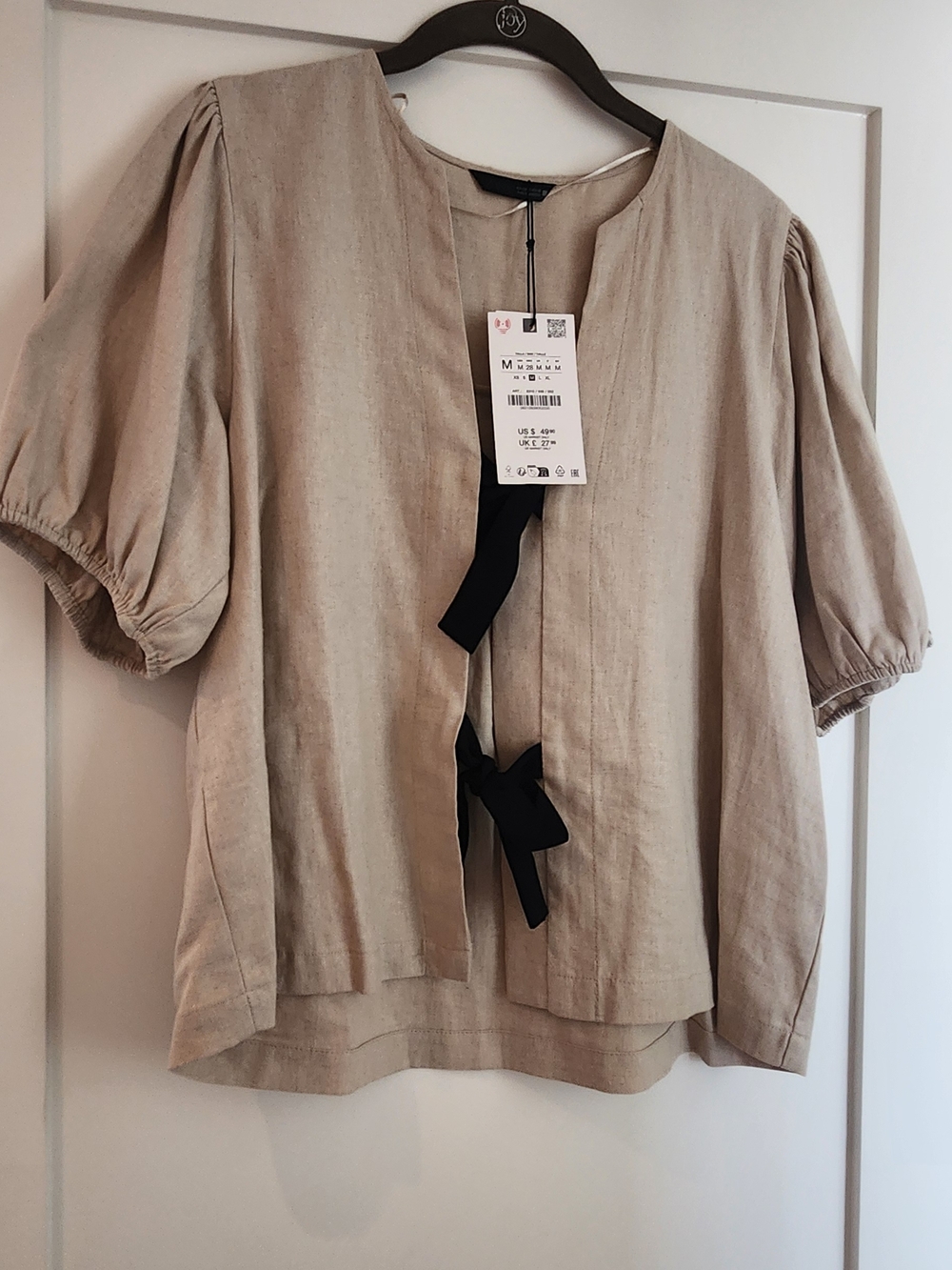 Zara Tan Linen Tie-Front Short- Sleeved Top, Size M, NWT